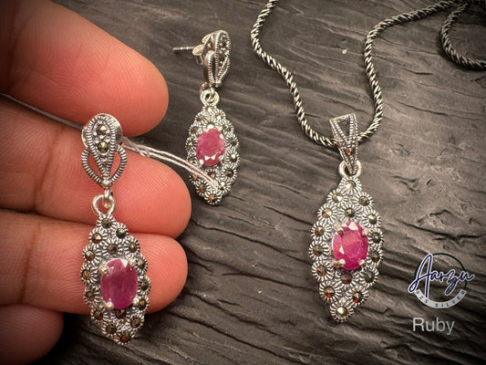 92.5 Silver Marcasite pendant set - Ruby