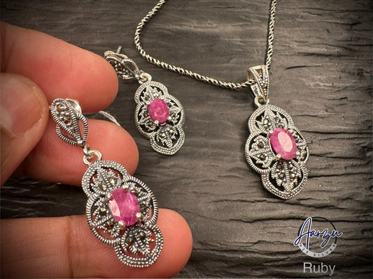 92.5 Silver Marcasite pendant set - Ruby