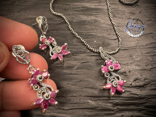 92.5 Silver Marcasite pendant set - Ruby