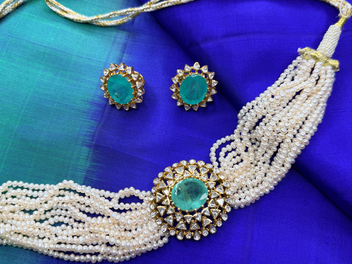 92.5 Silver Moissanite and russain emerald necklace with earrings