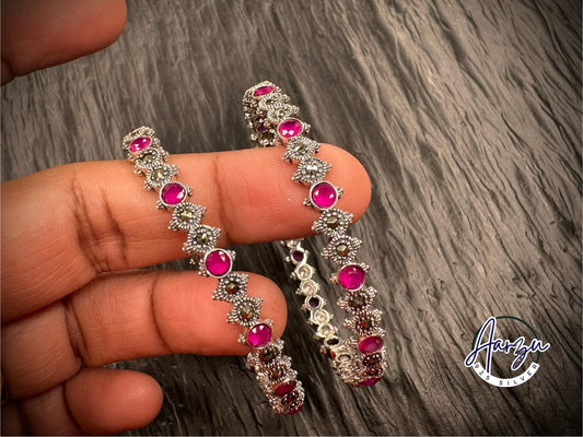 92.5 Silver Marcasite and ruby bangles - pair