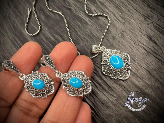 92.5 Silver Marcasite and turquoise pendant set