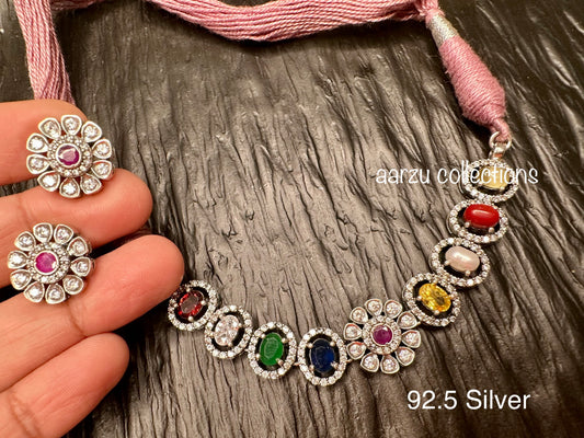 92.5 Silver Navrathan Choker with earrings and thread