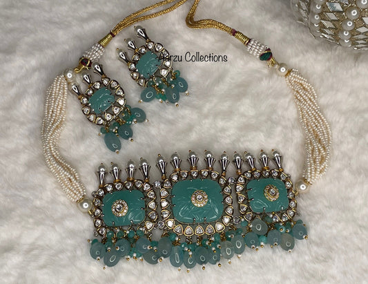 Silver Foil Kundan with Carved Stone Choker and Earrings