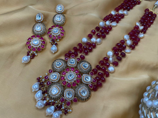 Marudhara Polki Kundan and AD Glass Beads Necklace with Earrings