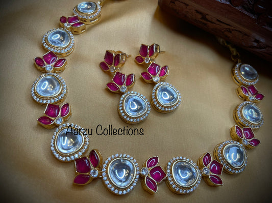 Hand crafted Marudhara polki with uncut Kundan and American Diamond Necklace and Earrings Set