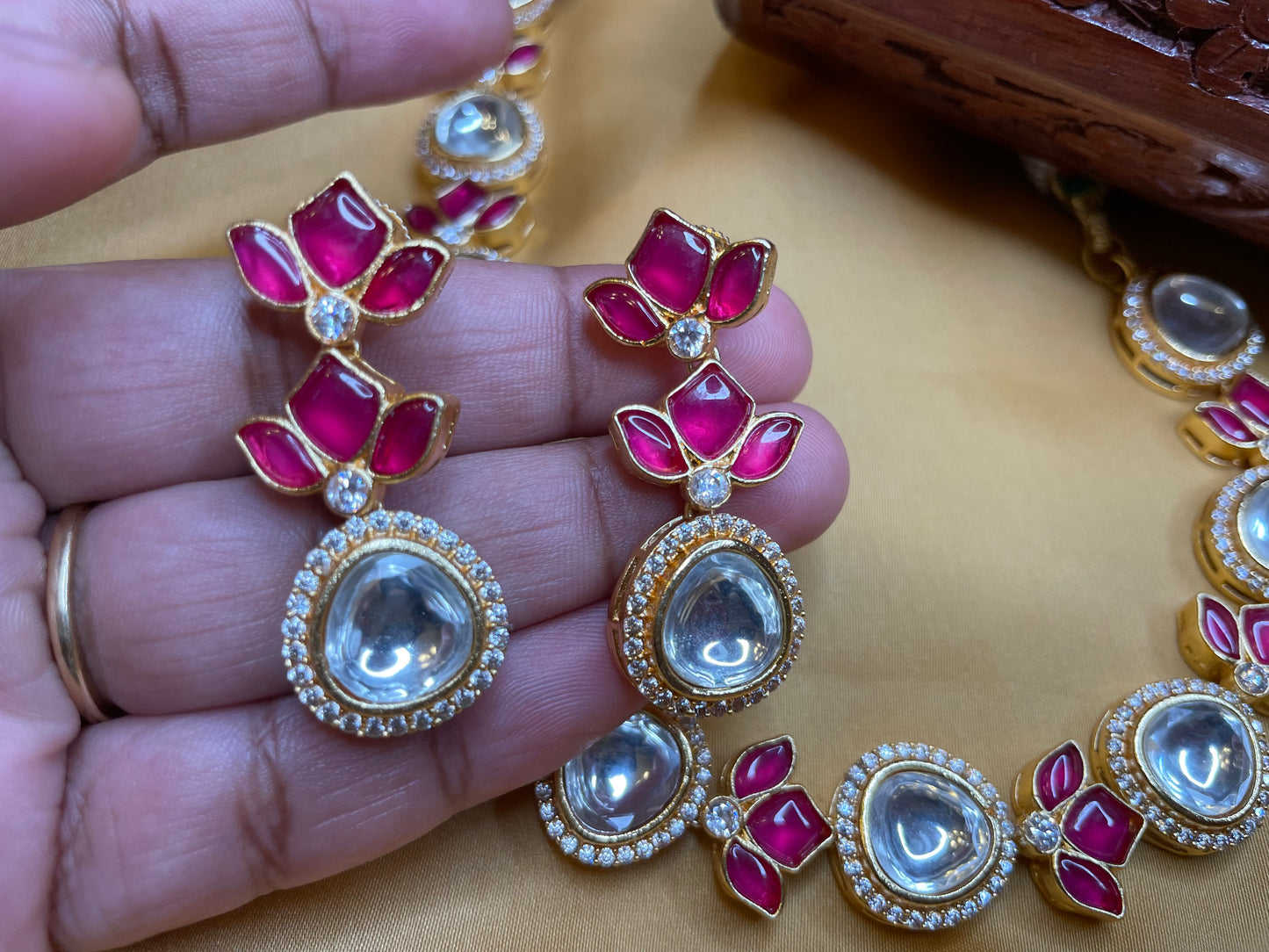 Hand crafted Marudhara polki with uncut Kundan and American Diamond Necklace and Earrings Set