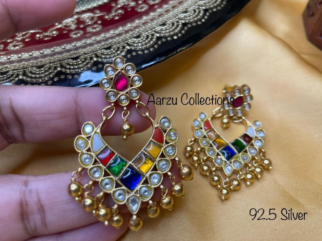 92.5 Silver base Kundan Jadau navratan Statement Earrings - 36gms