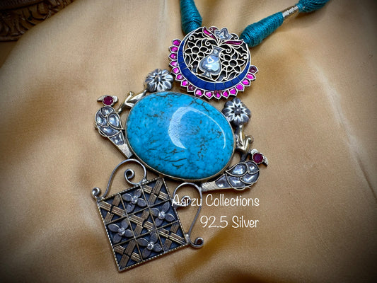 92.5 Silver designer inspired turquoise Pendant with free add-on Thread