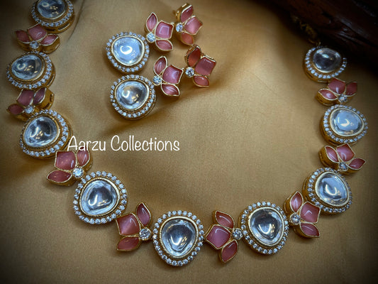 Hand crafted Marudhara polki with uncut Kundan and American Diamond Necklace and Earrings Set