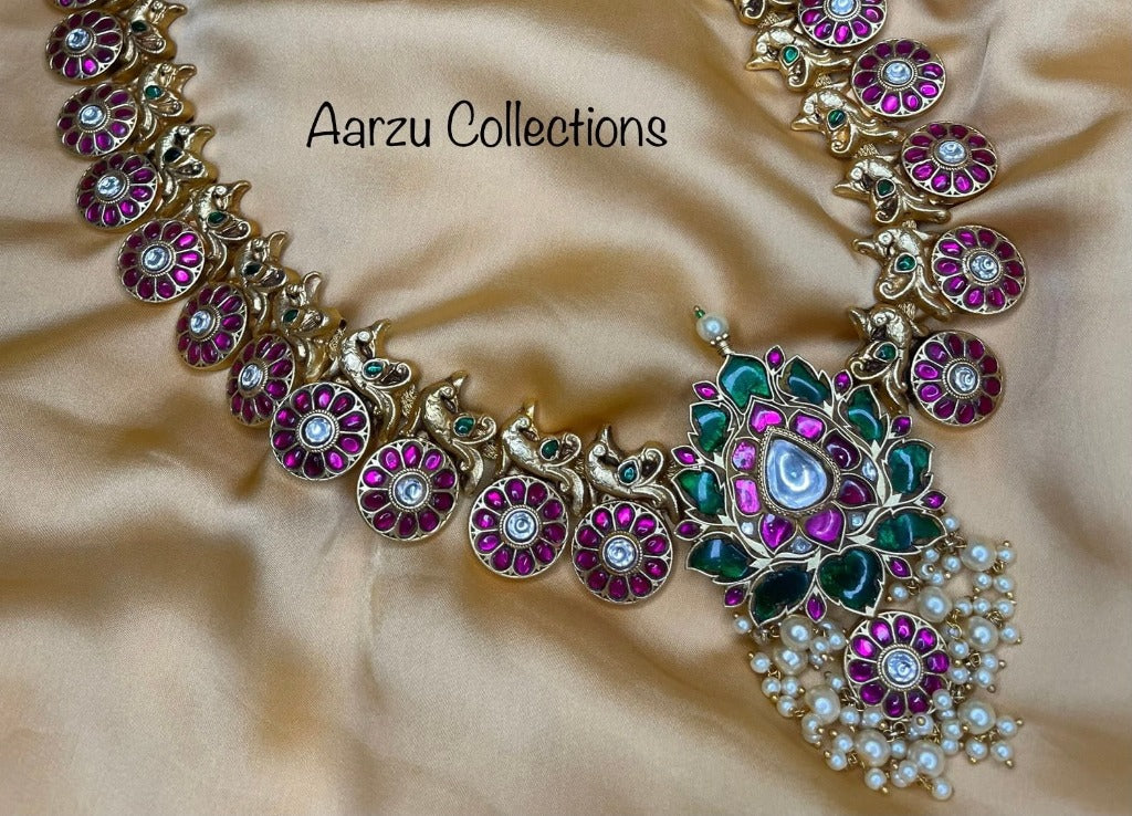 Kundan Jadau Lotus Long Mala and Earrings