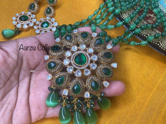 Marudhara Polki Kundan with Real Glass Beads Mala with Earrings