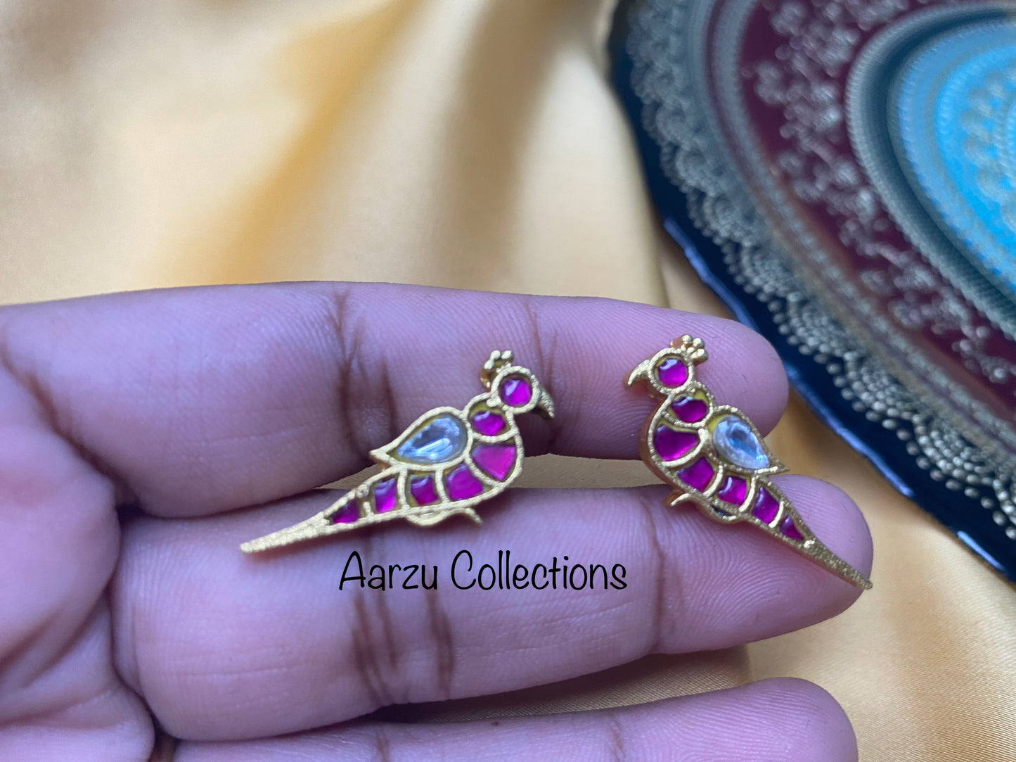 Kundan Jadau Bird Studs - pink and white