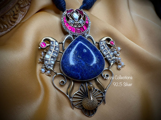 92.5 Silver designer inspired lapis lazuli Pendant with free add-on Thread