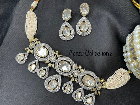 Silver Foil Kundan and American Diamond Statement Choker with Earring