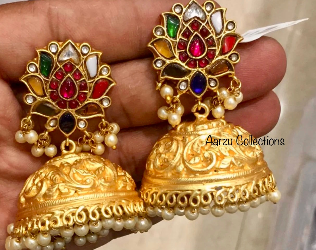 Kundan Jadau lotus Jhumkas - Navrathan/Multi