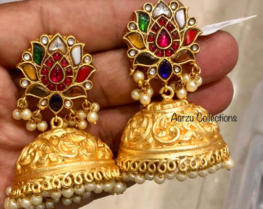 Kundan Jadau lotus Jhumkas - Navrathan/Multi