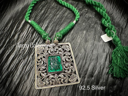 92.5 Silver Chitai pendant with Emerald Green carved stone  - 45 gms