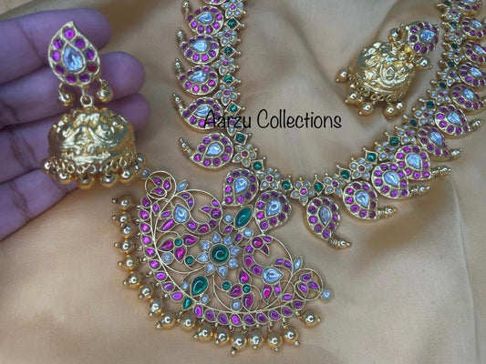 Kundan Jadau mid length Mango Mala Set with Jhumkas