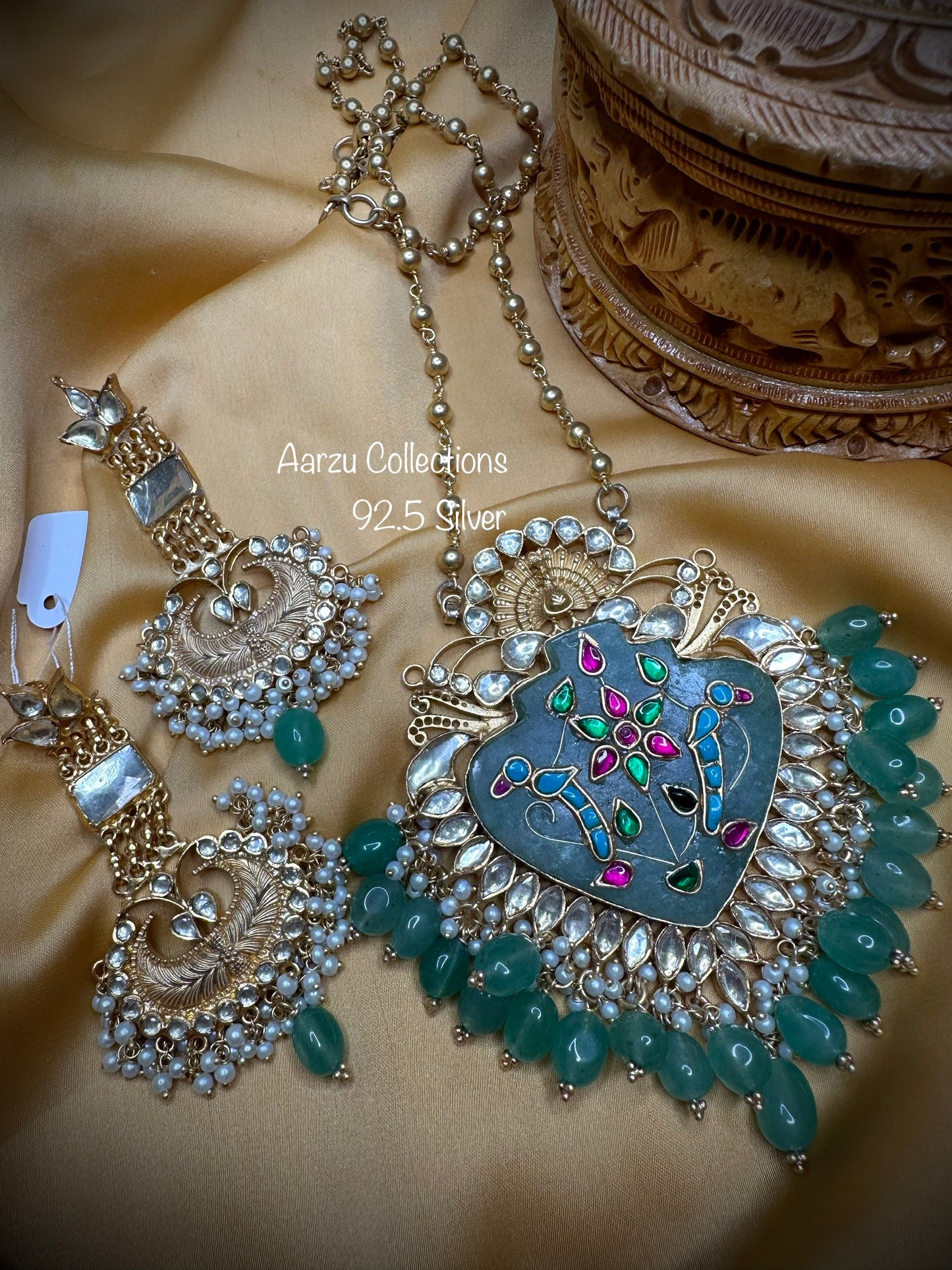 92.5 Silver precious jade inlay pendant with matarmala and earrings  -192 gm
