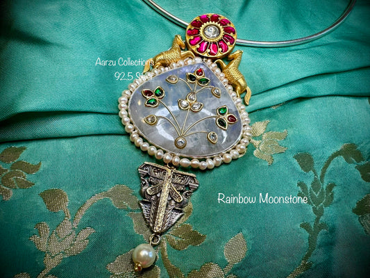 92.5 Silver designer inspired Pendant with Rainbow moonstone precious stone inlay