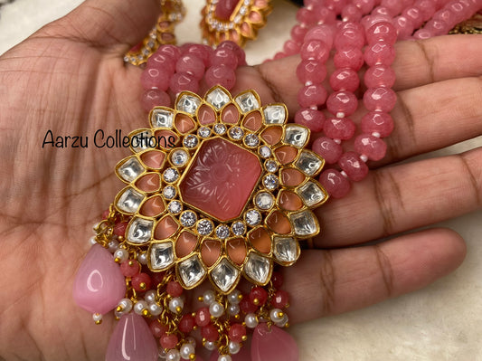 Marudhara Polki Kundan Mala with real glass beads and Carved Stone with Earrings