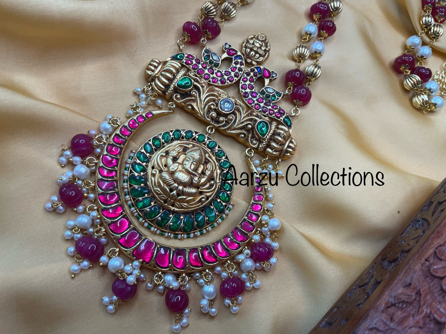 Kundan Jadau long statement temple mala -Ruby