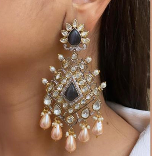 Silver Foil Kundan Statement Earrings