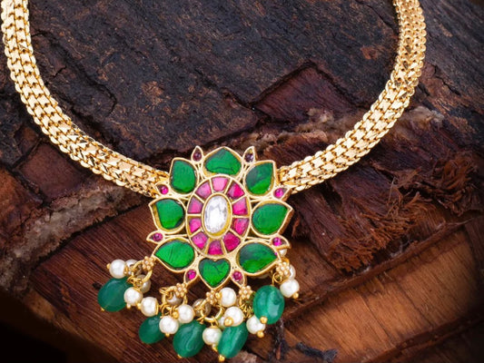 Kundan Jadau Flower Pendant with chain