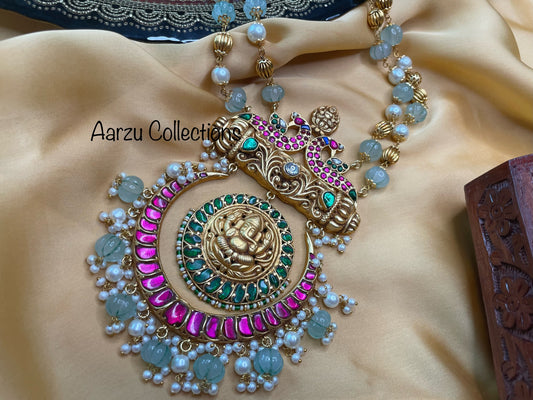 Kundan Jadau long statement temple mala - mint