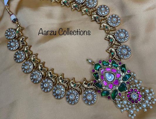 Kundan Jadau Lotus Mid Length Mala and Earrings