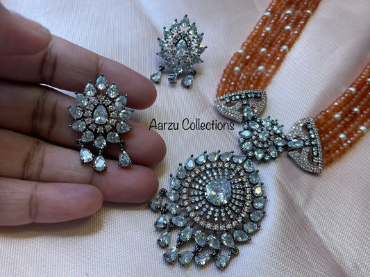 American Diamond Mid length Necklace and Earrings Set with Rosewick Finish