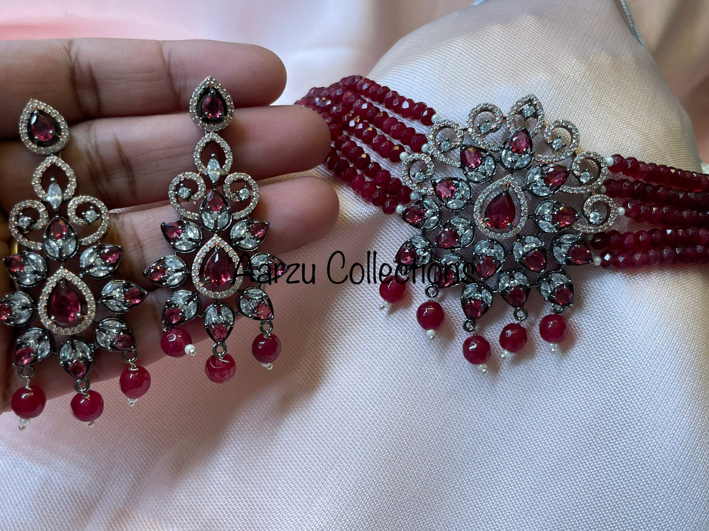 American Diamond Necklace and Earrings Set with Rosewick Finish