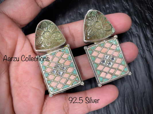 92.5 Silver carved stone kundan Earrings - 33 gms
