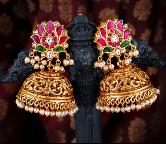 Kundan Jadau lotus Jhumkas - Ruby and Green