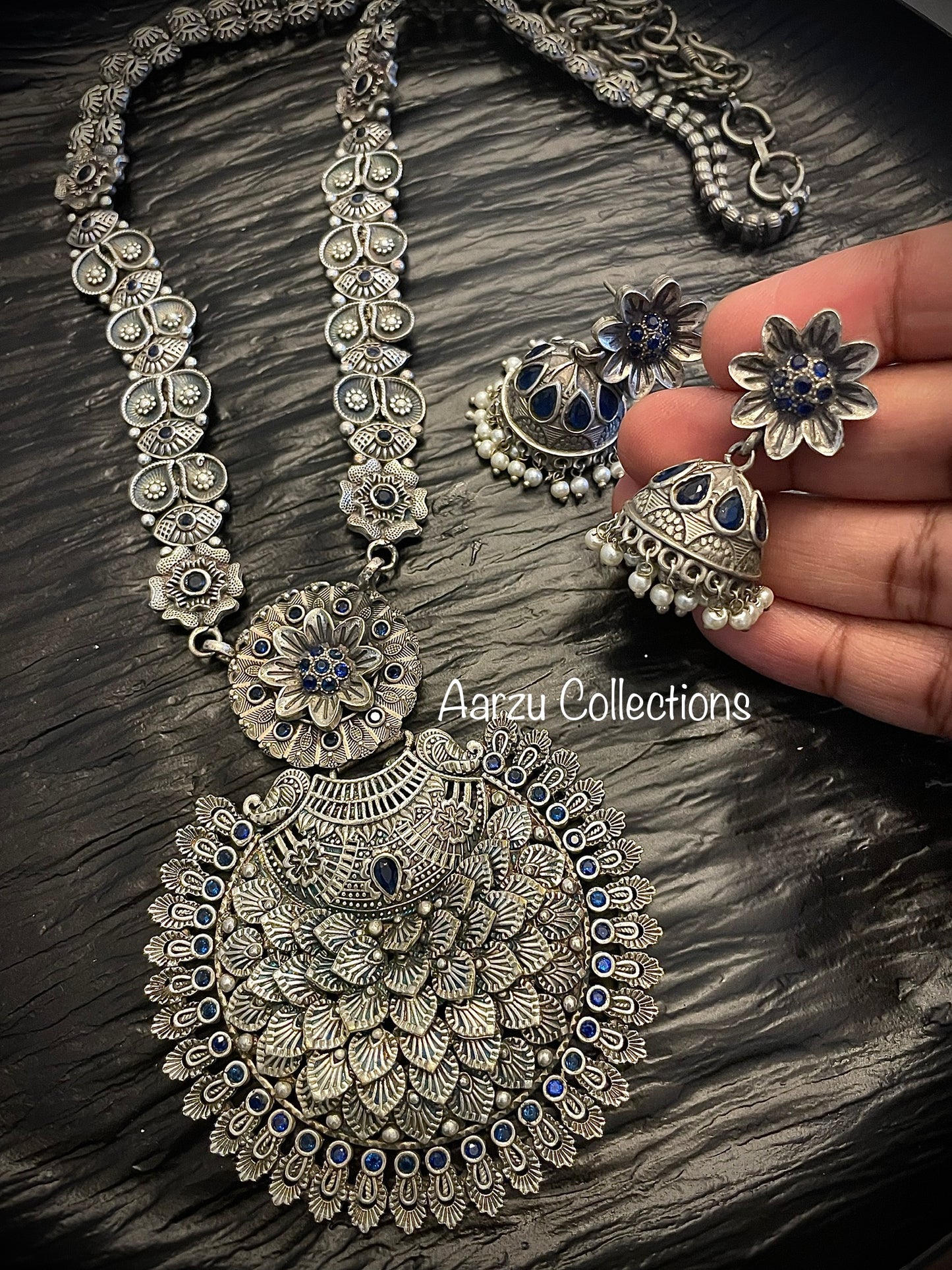 German Silver Necklace set - Navy blue