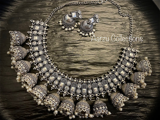 German Silver jhumka Necklace Set