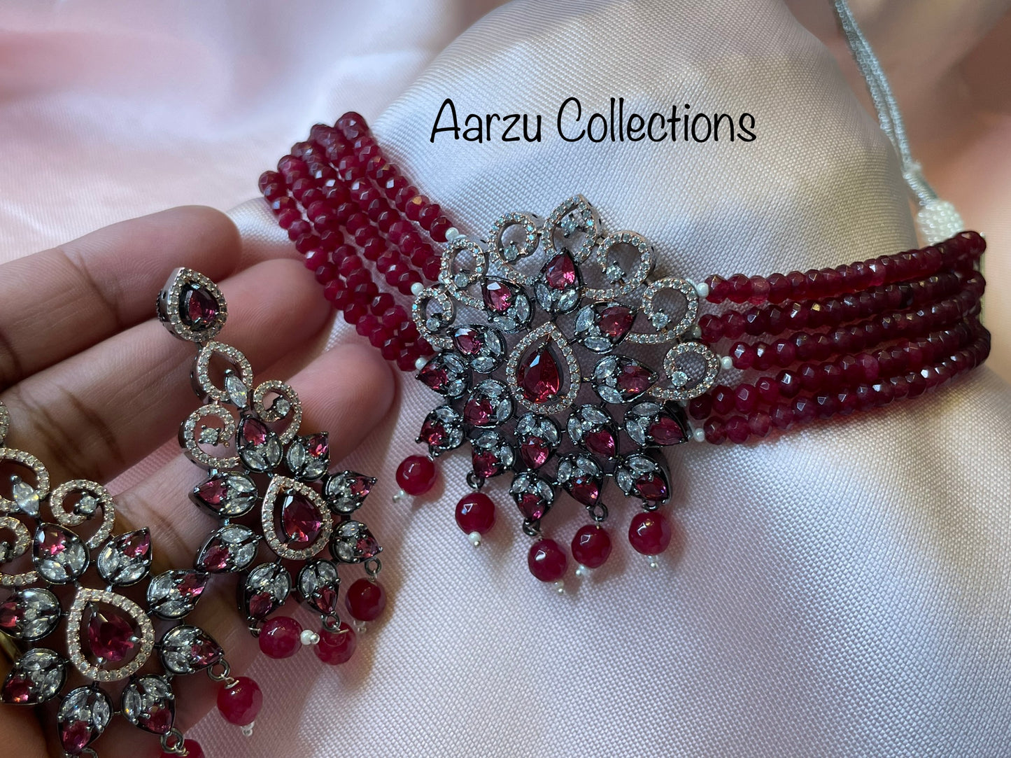 American Diamond Necklace and Earrings Set with Rosewick Finish
